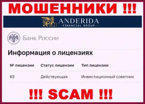 AnderidaGroup заявляют, что имеют лицензию на осуществление деятельности от ЦБ России (инфа с веб-сервиса мошенников)
