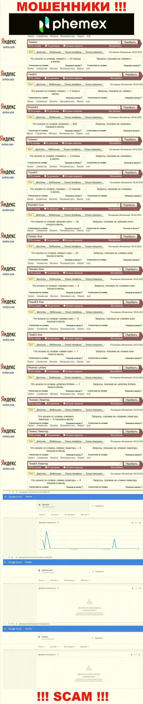 Детальная информация по количеству онлайн-запросов по мошенникам Phemex Limited в интернете