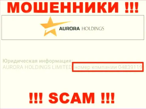 Номер регистрации мошенников Aurora Holdings, расположенный на их официальном веб-ресурсе: 04839119