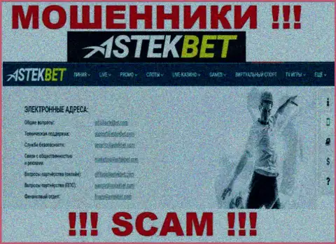 Не стоит связываться с мошенниками AstekBet через их адрес электронного ящика, расположенный на их сайте - лишат денег