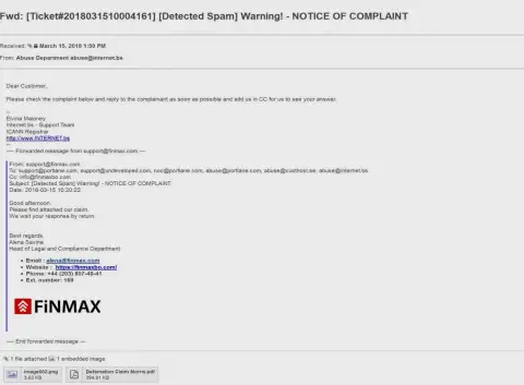 Подобная жалоба на официальный портал ФИНМАКС пришла и регистратору доменного имени сайта