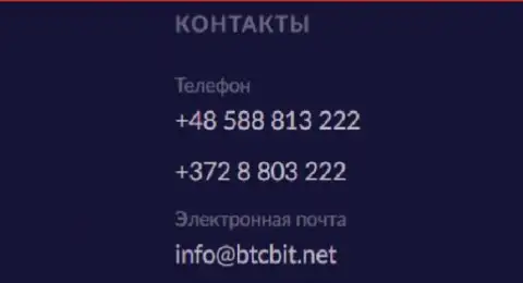 Телефоны и адрес электронного ящика online-обменки BTCBit